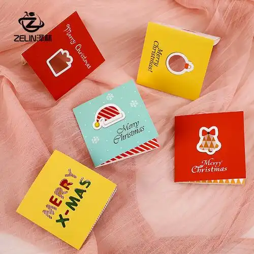圣诞节对折贺卡圣诞花束礼物礼盒装饰留言卡方形折叠镂空小卡片