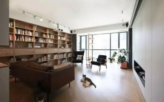 沙发背景墙采用一整面墙书柜设计,好看又实用!