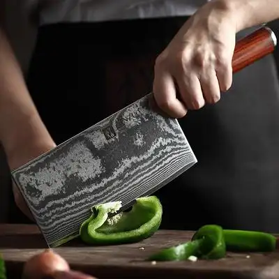 信作菜刀大马士革中式厨师刀7英寸中式菜刀切片刀花纹钢家用片刀