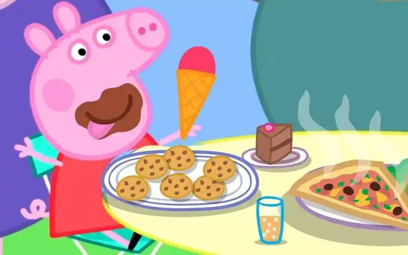 小猪佩奇一边吃冰淇淋,一边吃饼干,儿童益智画画游戏