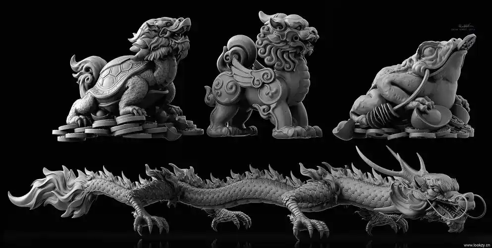 c4d模型-中国风角色龙狮子武器斗笠亭子屋顶窗户元宝等游戏元素合集