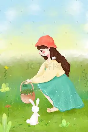 春天踏青野地挖野菜的小女孩插画