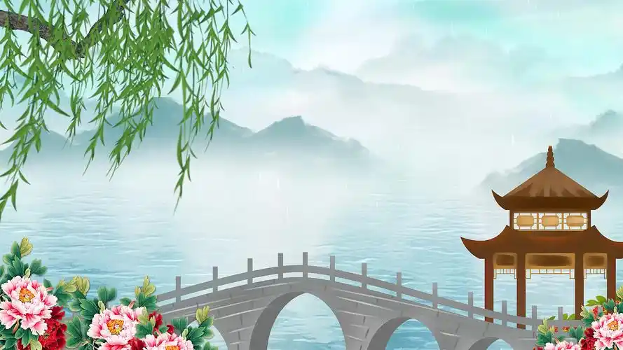 4k唯美中国风青绿色平移牡丹亭背景mp4