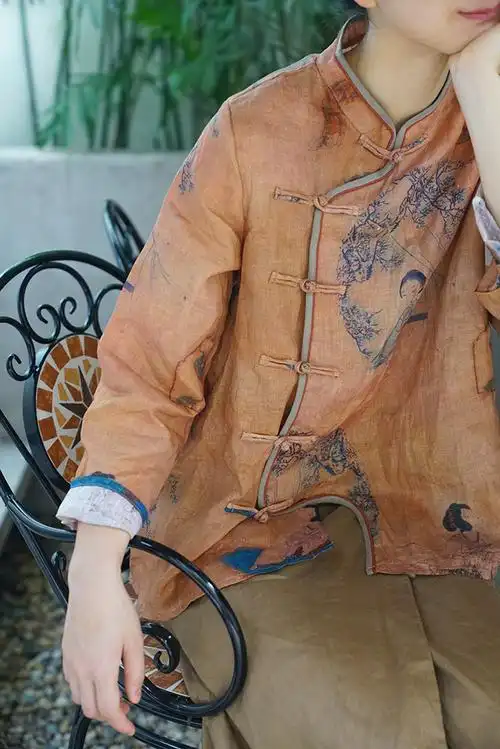 复古文艺亚麻印花偏襟盘扣国民衬衫茶服秋 中式禅意个性国潮上衣