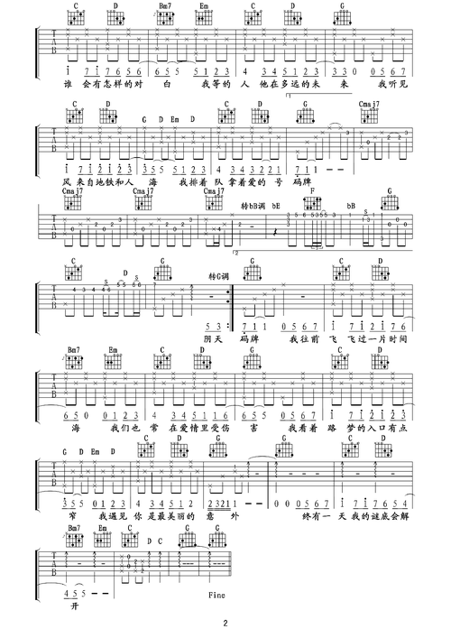 《遇见》吉他谱六线谱g调4/4拍节奏_孙燕姿