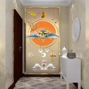 吉祥如意3d立体玄关背景墙壁纸走廊尽头墙布麋鹿入户进门墙纸壁画