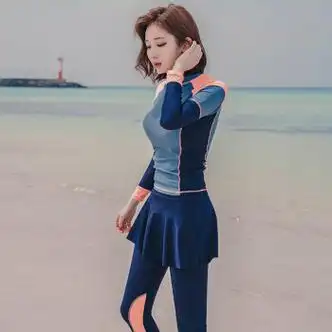 婕言jieyan女泳衣分体裙式四件套保守型遮肚显瘦可爱时尚拼色温泉泳装