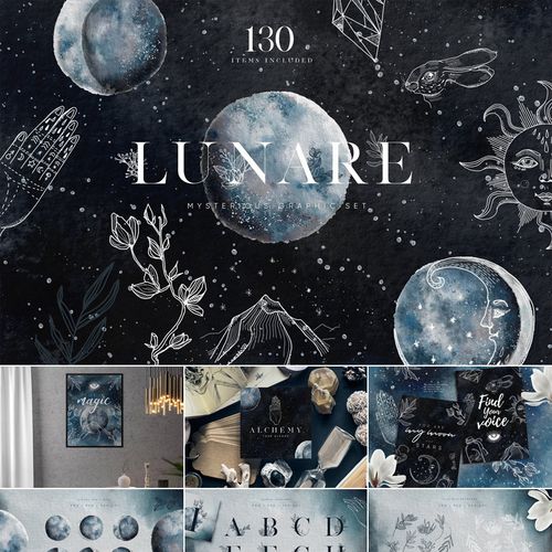 手绘水彩月食星空线描花卉英文字母png免抠图 psd分层素材含字体