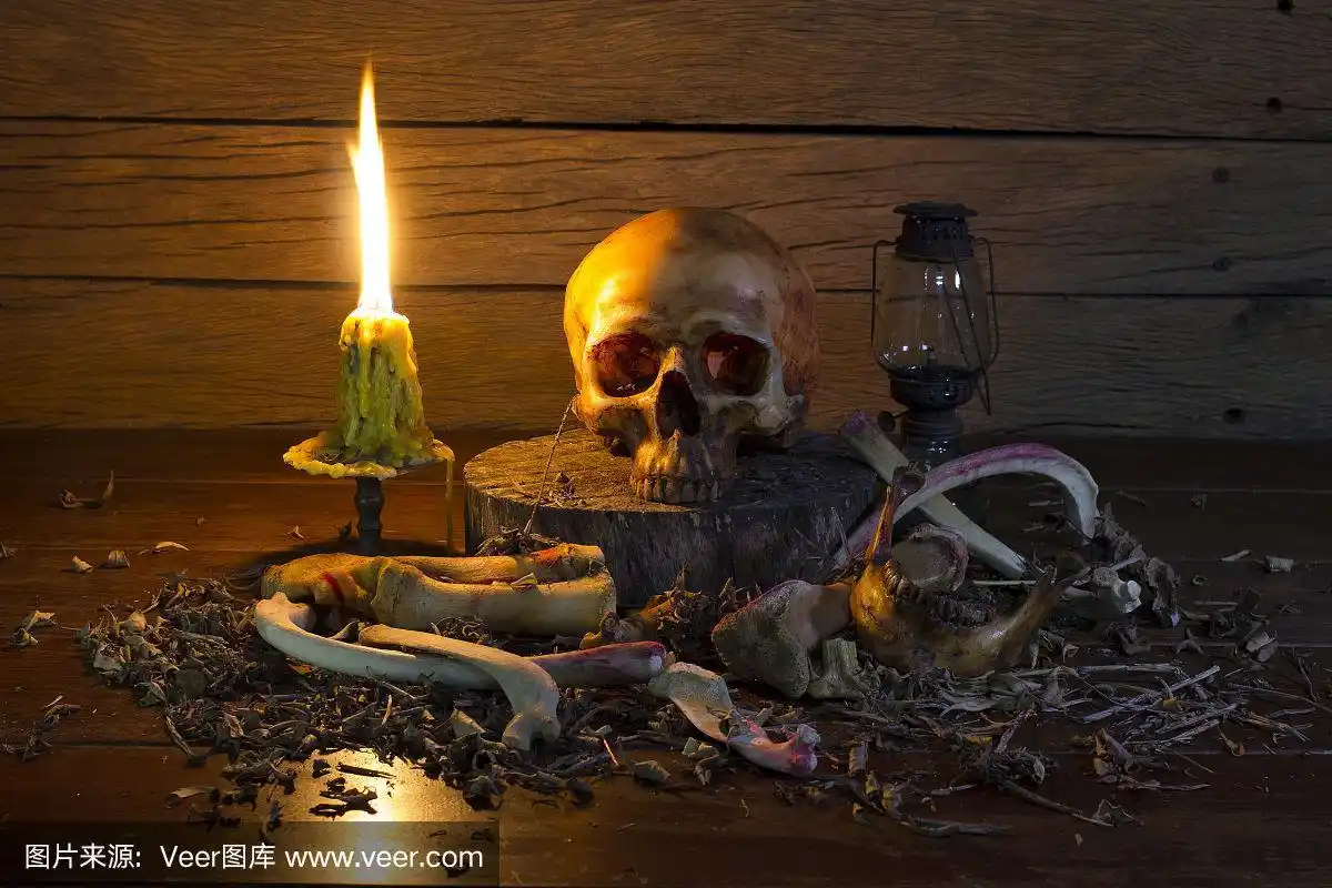 骷髅和蜡烛-静物生活方式