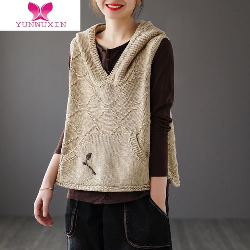 yunwuxin复古刺绣连帽马甲针织背心女2022年新款宽松休闲时尚坎肩毛衣