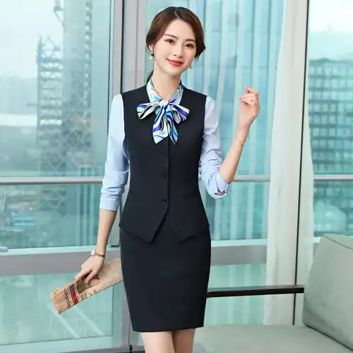 职业衬衫马甲套装三件套女英伦风正装银行客服工作服制服包臀裙子