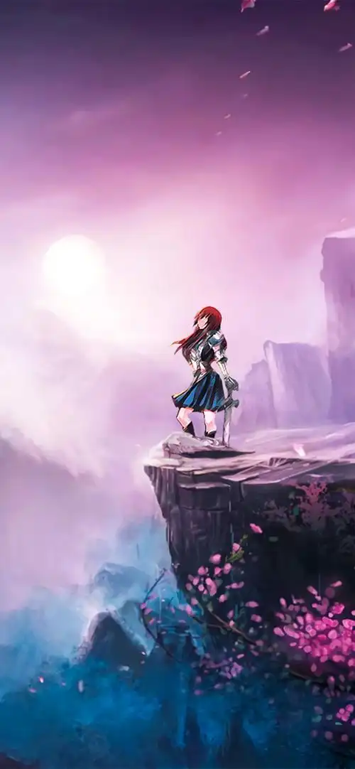 站在悬崖边的红发动漫短裙少女,高清图片,手机壁纸