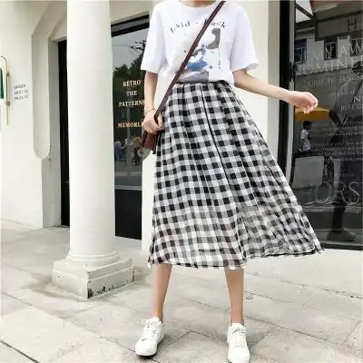 港味chic黑白格子高腰半身裙女装夏2018韩版学生宽松显瘦a字长裙