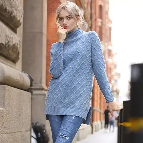 千柏年高领羊毛衫女冬加厚麻花前短后长针织衫套头打底毛衣女修身