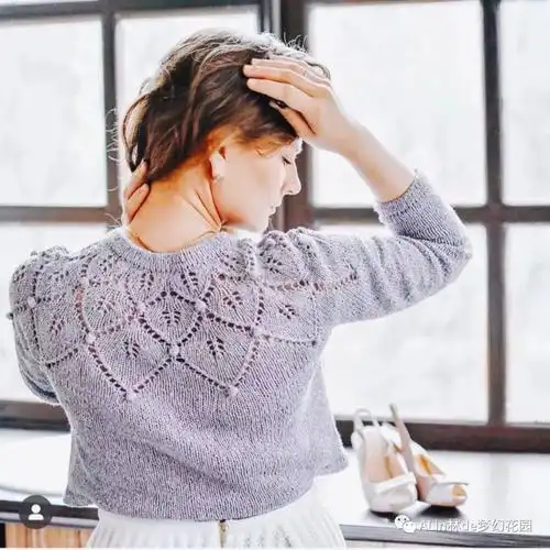 云羽 从领口往下织圆肩叶子花女士棒针真丝羊毛马海毛衣