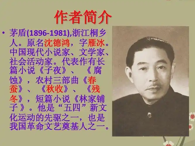 作者简介   茅盾(1896-1981),浙江桐乡 人.原名沈德鸿,字雁冰.