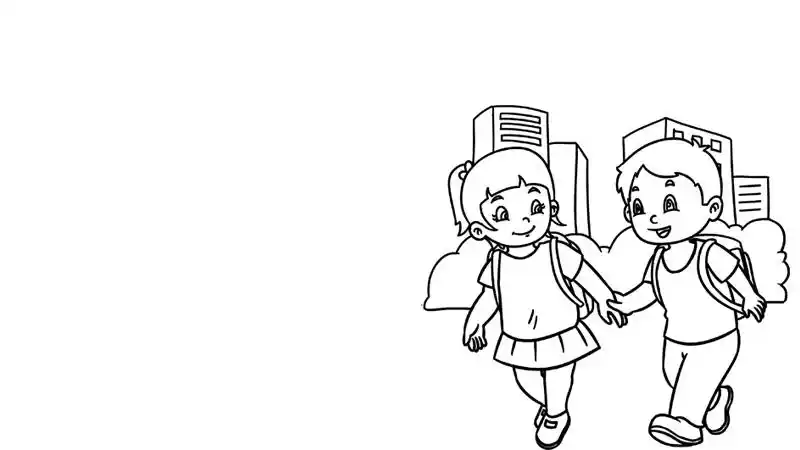 1,右边画两位学生,后面画上楼房和草丛.