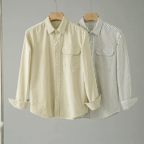 外贸原单复古港风全棉水洗宽松休闲翻领长袖条纹衬衣男春秋衬衫潮