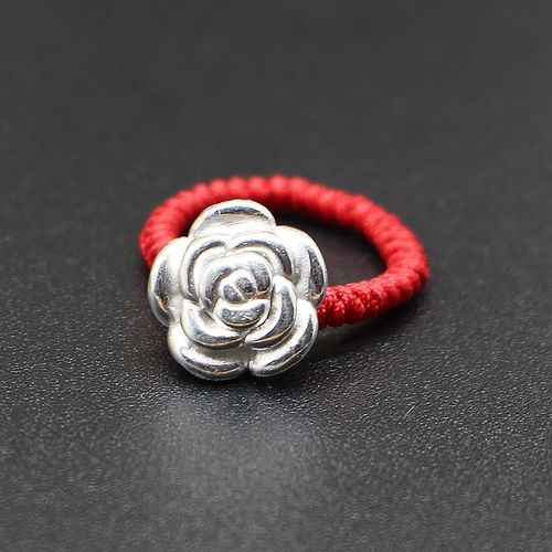 纯银玫瑰花足银红绳转运戒指手工编织指环首饰戒指