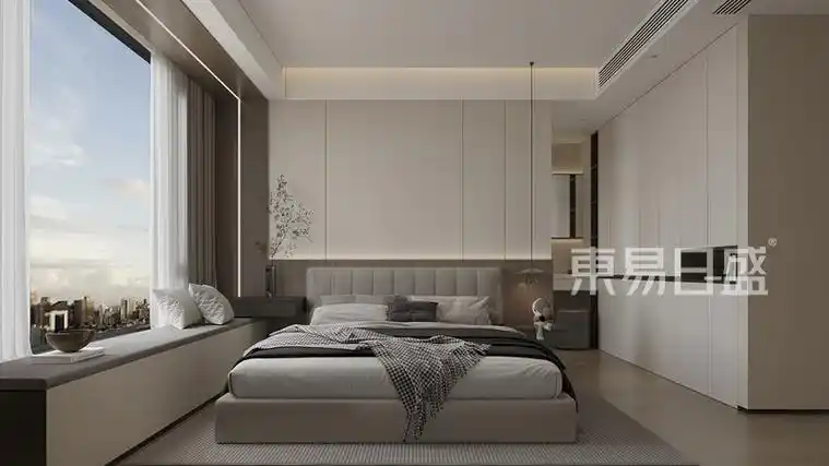 >富通九曜84㎡现代简约装修效果图>卧室85进门平面吊顶2个筒射灯