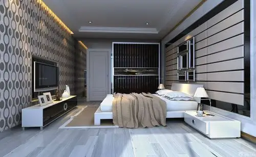 80后浅灰色木地板卧室装修设计效果图