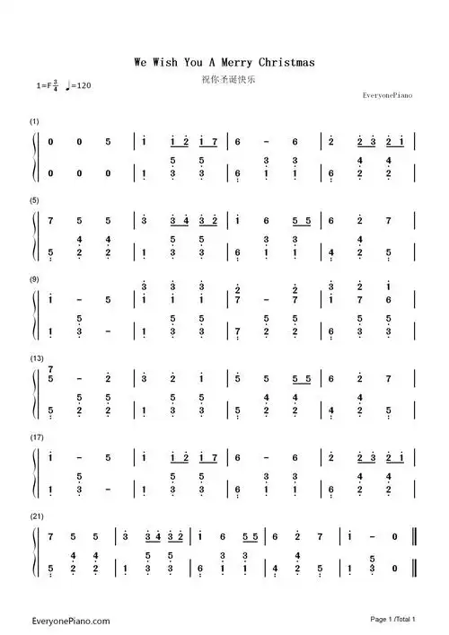 祝你圣诞快乐-钢琴谱文件(五线谱,双手简谱,数字谱,midi,pdf)免费下载