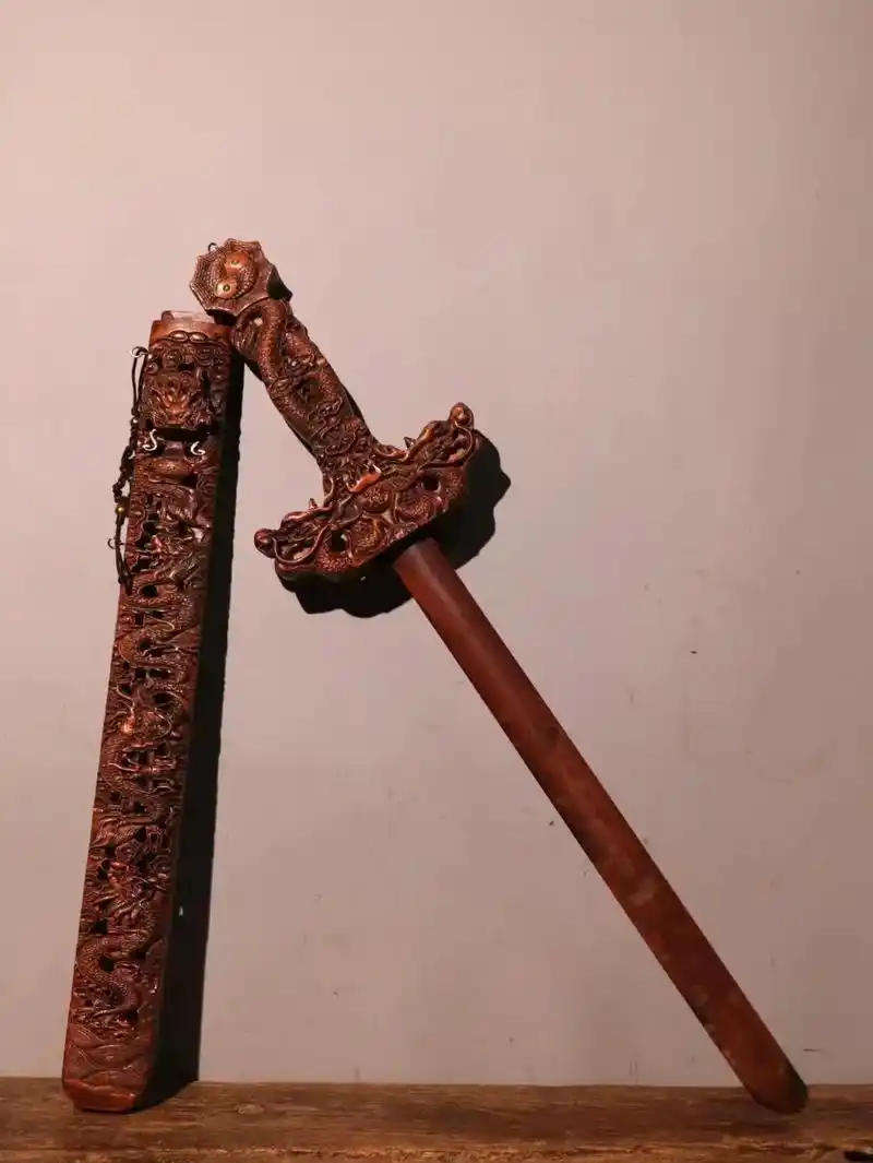 旧藏 老桃木剑【九龙宝剑】老桃木实木纯手工雕刻 桃木宝剑挂件 - 抖