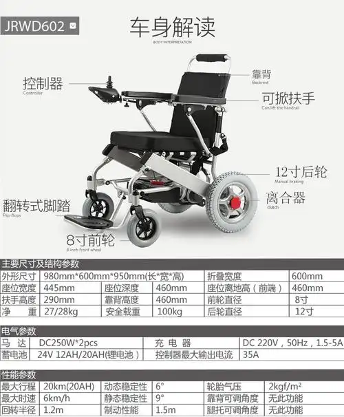 吉芮电动轮椅车超轻折叠轻便残疾人代步车锂电池老人电动轮椅