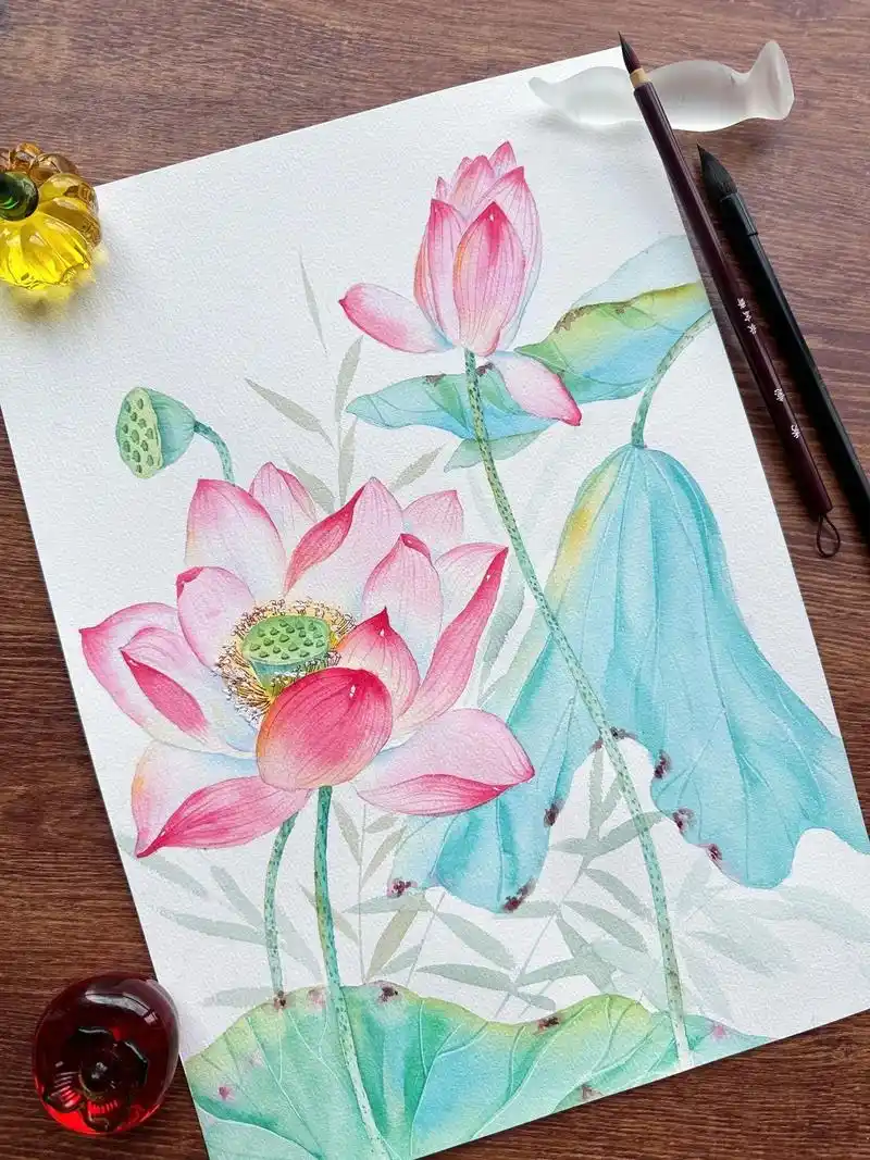 水彩 #荷花 #想画就画 #画画  - 抖音