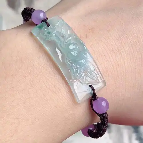 天然翡翠冰种飘花高冰起光阳手牌貔貅龙鱼荷花花鸟手链