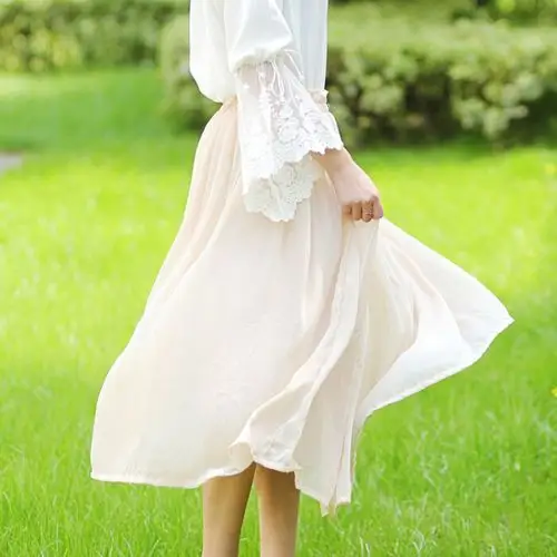 夏季雪纺裙新款雪纺长裙女士清新文艺松紧腰半身裙夏季甜美大摆裙