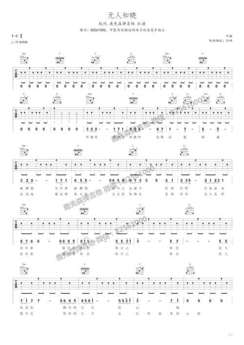 许巍新歌《无人知晓》吉他谱弹唱版