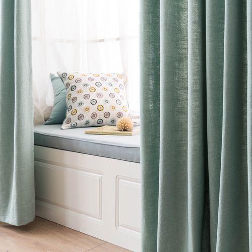 现代蓝绿色棉麻窗帘布料定制客厅卧室书房落地飘窗清新半着光布艺