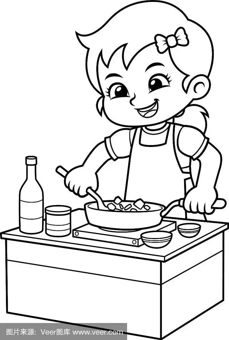 女孩做饭做美味的食物bw