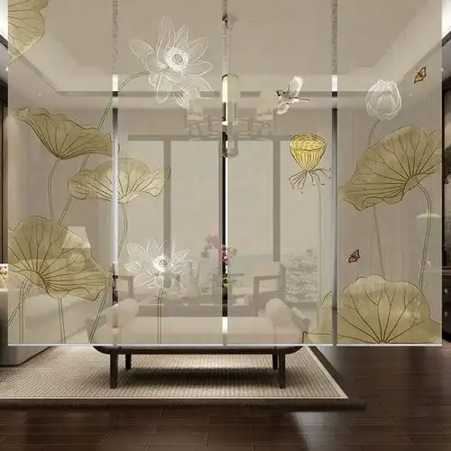 定制遮阳阳新中式卷帘荷花图案客厅拉帘隔断卷帘