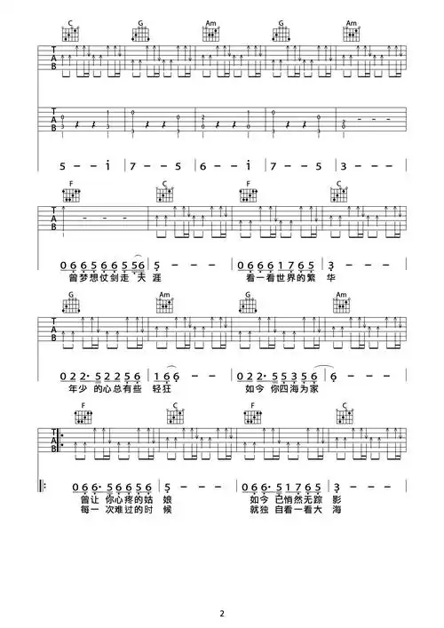 曾经的你吉他谱许巍live版c调双吉他伴奏