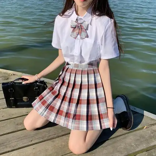 实拍现货正版jk制服女秋装新款学生基础款衬衫格裙全套装