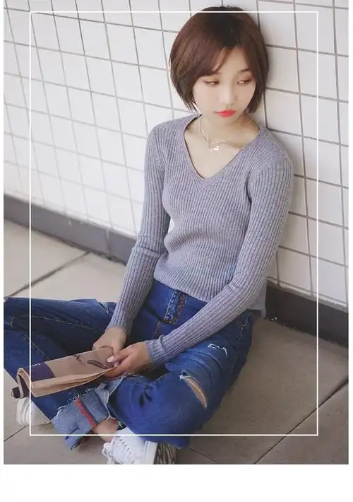 薇姬桑妮新款春秋学生低领修身针织衫长袖百搭白色打底衫v领毛衣女