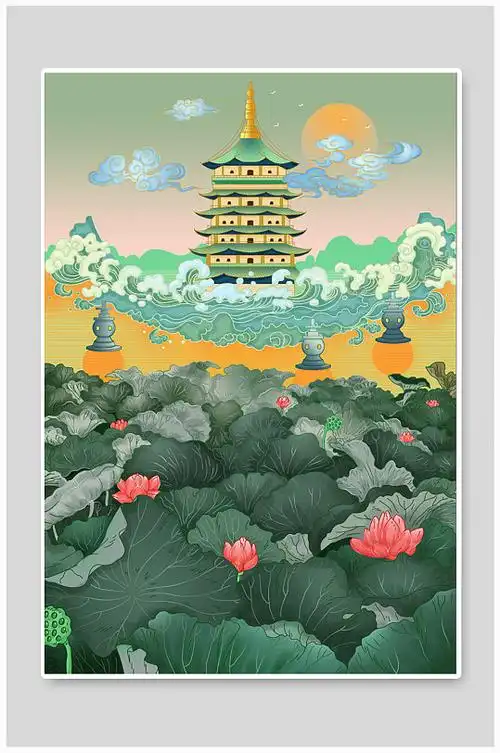 六和塔钱塘潮西湖杭州城市建筑插画