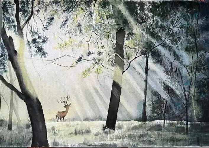 水彩风景林深时见鹿04附步骤