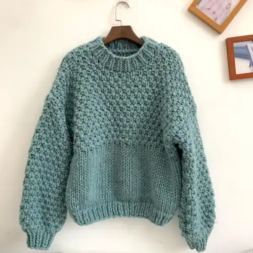 温柔风软糯重工蓝色编织粗线毛衣2023秋冬慵懒宽松厚实针织衫女