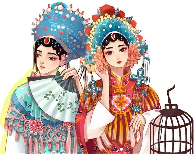 手绘戏曲花旦元素唯美中国风插画京剧人像