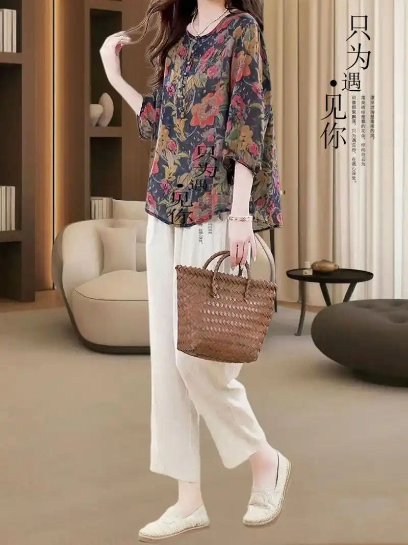 时尚苎麻上衣套装女夏新款宽松洋气中年妈妈休闲亚麻九分裤两件套