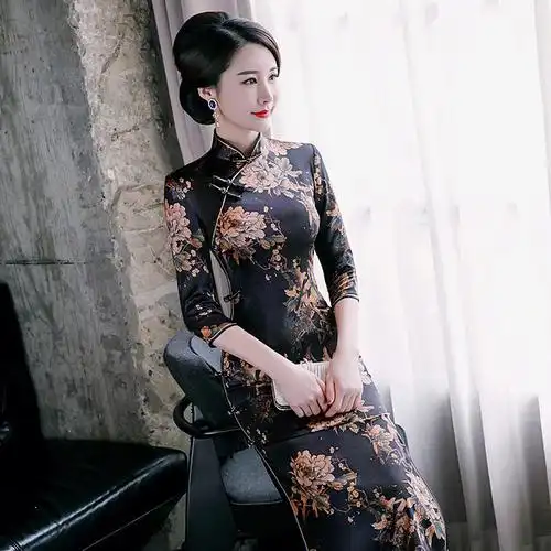 新款七分袖真丝旗袍 日常改良重磅真丝旗袍高档连衣裙