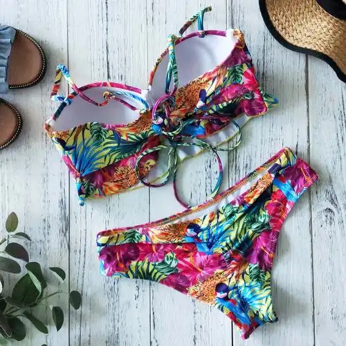 2020新款欧美泳衣比基尼女性感分体吊带印花三点式外贸亚马逊爆款