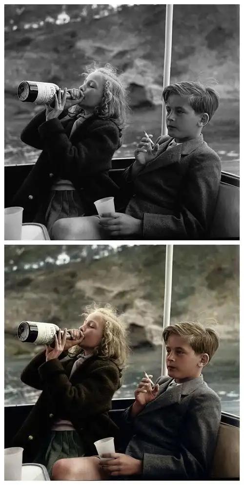 两个抽烟喝酒的小孩