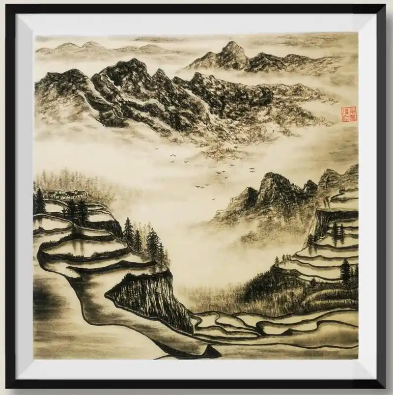 梯田景色#炭笔手绘 #我为祖国喝彩 #唯美意境 #不负每份热 - 抖音