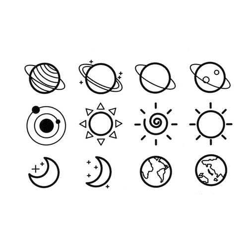 太阳月亮行星简约手绘黑白星球纹身贴防水男女情侣创意小图案