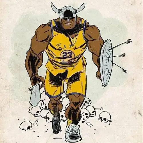 冲锋陷阵的勇士德雷蒙德-格林,头戴斗牛头盔,右手持剑,左手拿盾牌