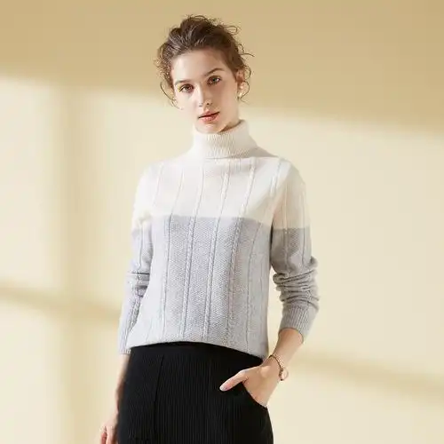 女款高领拼色女士100%羊绒衫